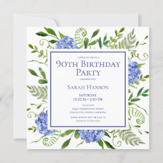 90. Geburtstag Blue Hydrangeas Floral Wasserfarbe Einladung