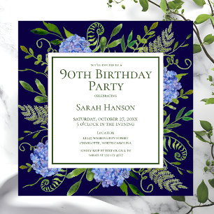 90. Geburtstag Blue Hydrangeas Floral Wasserfarbe Einladung