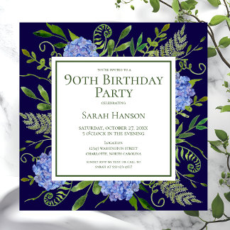 90. Geburtstag Blue Hydrangeas Floral Wasserfarbe Einladung