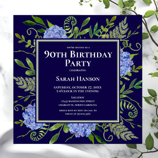 90. Geburtstag Blue Hydrangeas Floral Wasserfarbe Einladung