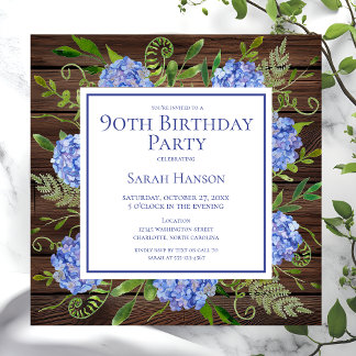 90. Geburtstag Blue Hydrangeas Floral Wasserfarbe Einladung