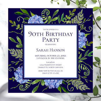 90. Geburtstag Blue Hydrangeas Floral Wasserfarbe Einladung
