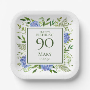90. Geburtstag Blue Hydrangeas Pappteller