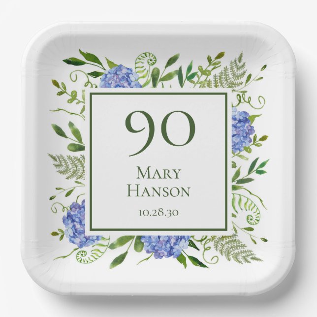 90. Geburtstag Blue Hydrangeas Pappteller (Vorderseite)