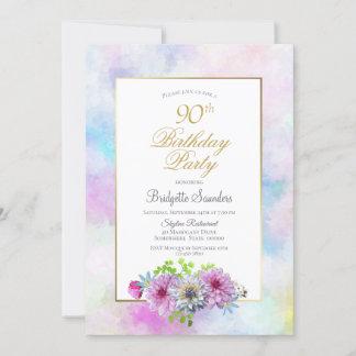 90. Geburtstag Blue Pink Floral Gold Pastel Border Einladung