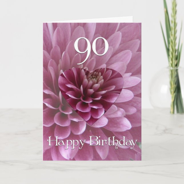 90. Geburtstag-Blumenherz+Chrysanthemum Karte (Vorderseite)