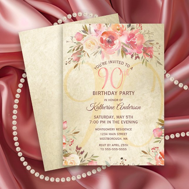 90. Geburtstag Blumenrosa Rosen Goldschimmer Party Einladung (Elegant 90th Birthday Party Invitation with pink roses and gold shimmer.)