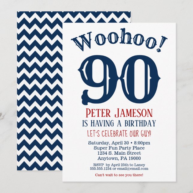 90. Geburtstag Einladung Mens Navy Blue (Vorne/Hinten)