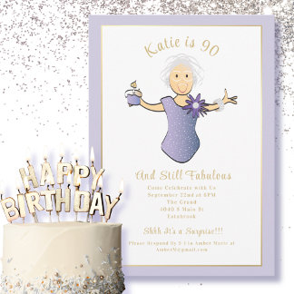 90. Geburtstag Elegant Blau Gold Weibliche Cartoon Einladung