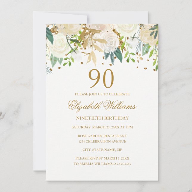 90. Geburtstag Elegant Gold Floral Einladung (Vorderseite)