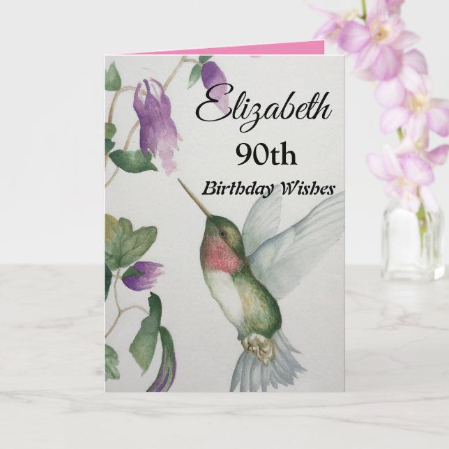 90. Geburtstag Elegant Hummingbird Wasserfarbe Karte (Orchidee)