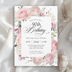 90. Geburtstag Elegant Pink Roses Kalligraphie Einladung