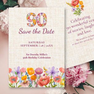 90. Geburtstag Elegante Florale Leinen Wildblumen Save The Date