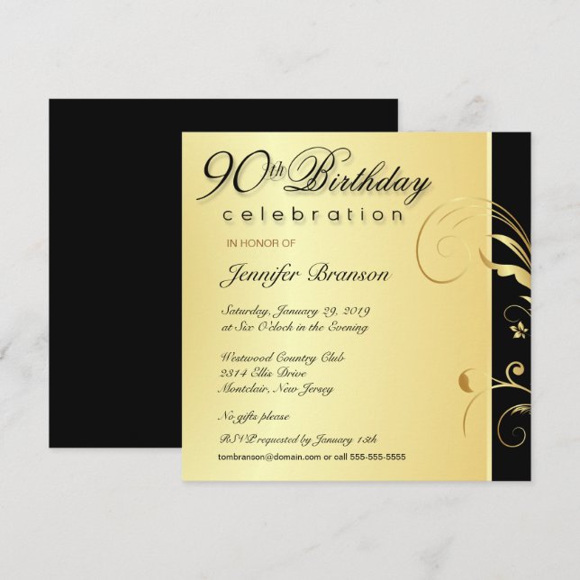 90. Geburtstag Erwachsene - Elegante Gold Floral Einladung (Vorne/Hinten)