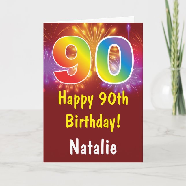 90. Geburtstag Farbenfrohe Regenbogenfeuerwerke Ro Karte (Vorderseite)