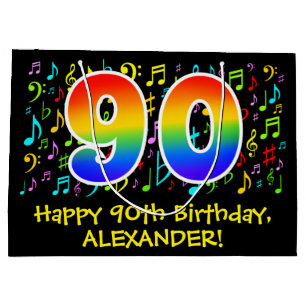 90. Geburtstag - Farbige Musiksymbole, Regenbogen  Große Geschenktüte