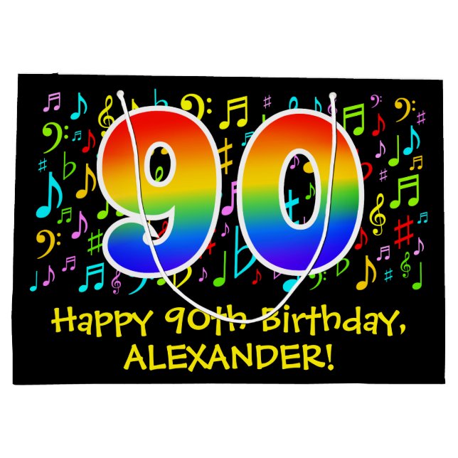 90. Geburtstag - Farbige Musiksymbole, Regenbogen  Große Geschenktüte (Rückseite)