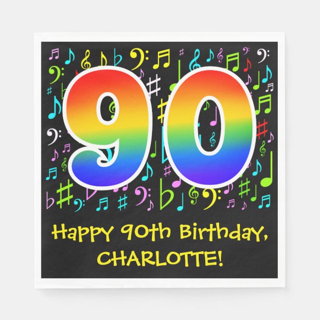 90. Geburtstag - Farbige Musiksymbole, Regenbogen  Serviette (Vorderseite)