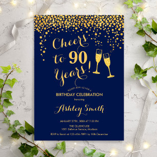 90. Geburtstag - Feiern bis 90 Jahre Gold Navy Einladung