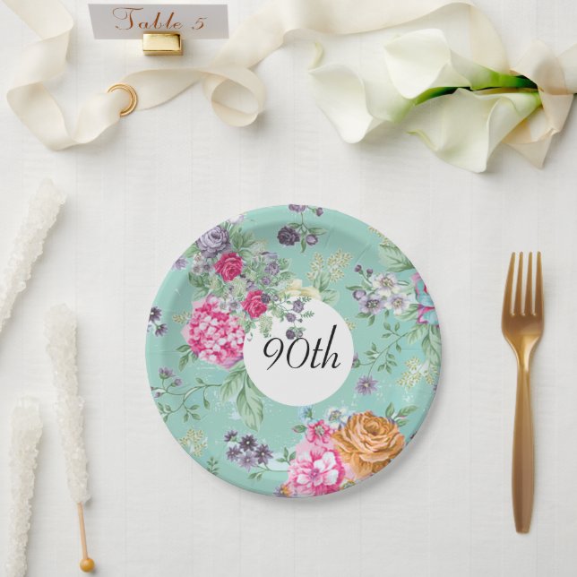 90. Geburtstag Floral Geburtstag Blau Pappteller (Hochzeit)