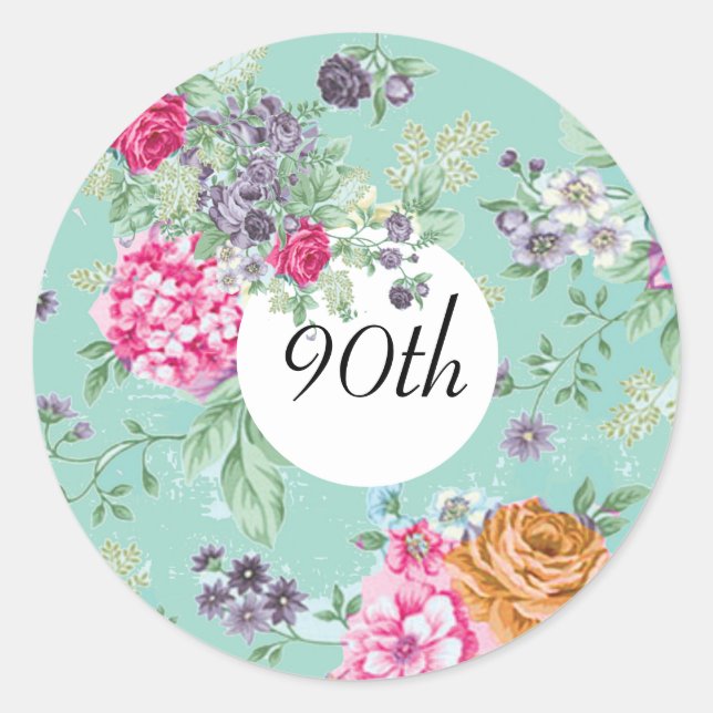 90. Geburtstag Floral Geburtstag Blau Runder Aufkleber (Vorderseite)