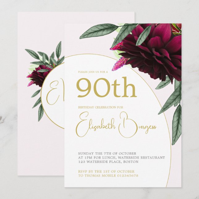 90. Geburtstag floral Gold Monogram Elegant Einladung (Vorne/Hinten)