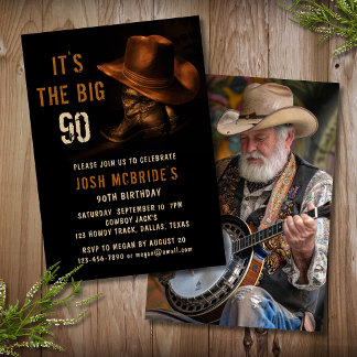 90. Geburtstag Foto Rustic Cowboy Hat Boots Einladung