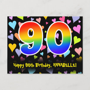 90. Geburtstag: Fun Hearts Muster, Regenbogen 90 Postkarte