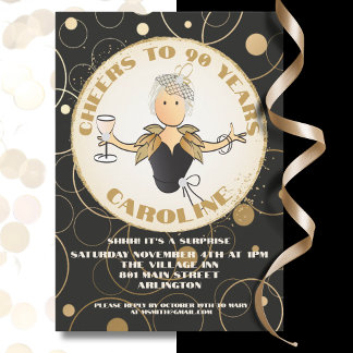 90. Geburtstag für ihren Gold Sparkle Black Geburt Einladung