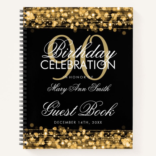 90. Geburtstag Gästebuch Party Glitzern Gold Notizbuch (Vorderseite)