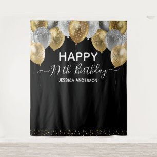 90. Geburtstag Gold Silver Black Balloons Band Wandteppich