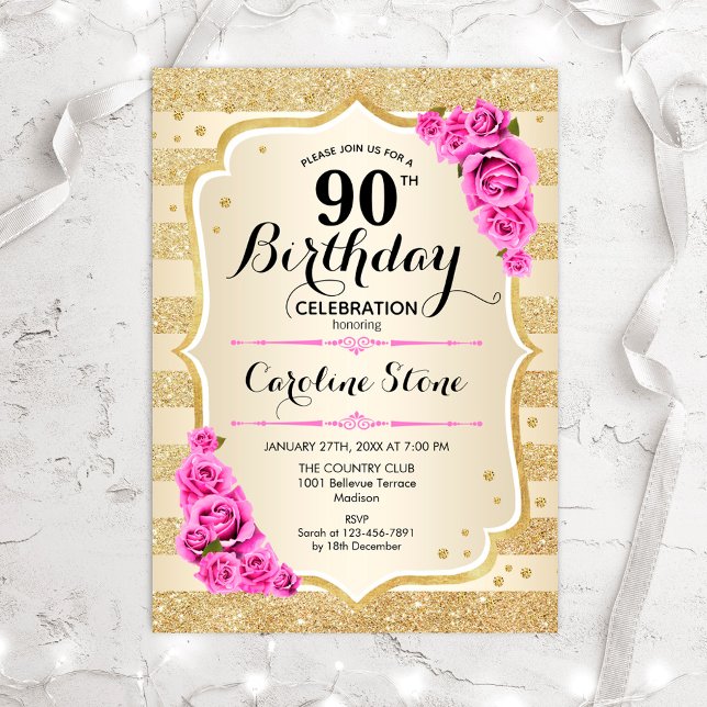 90. Geburtstag - Gold Streifen Rosa Rosen Einladun Einladung (Von Creator hochgeladen)