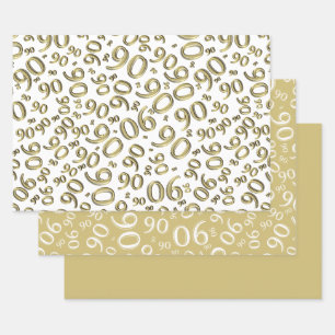 90. Geburtstag Gold & White Random Number Pattern Geschenkpapier Set