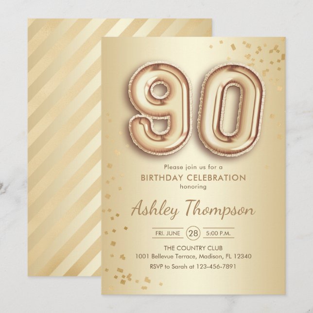 90. Geburtstag - Goldballons Einladung (Vorne/Hinten)