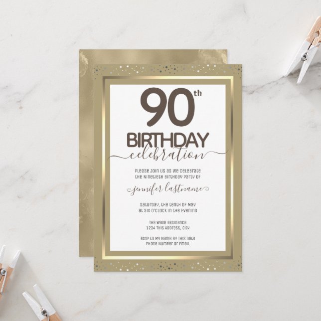 90. Geburtstag Goldene feierliche Einladung (Vorderseite/Rückseite Beispiel)