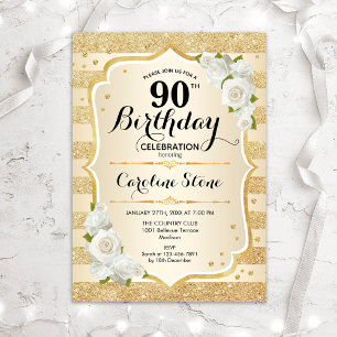 90. Geburtstag - Goldene Streifen Weiße Rosen Einladung