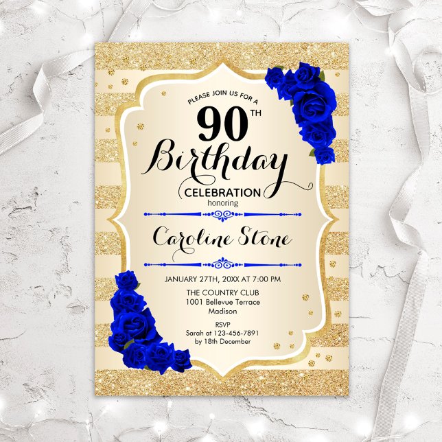 90. Geburtstag - Goldstreifen Royal Blue Rose Einladung (Von Creator hochgeladen)