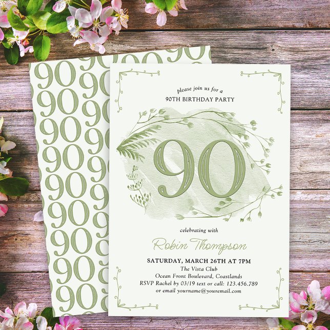 90. Geburtstag Grüne Wildblume 90 Einladung (90th Birthday Invitation - buy professionally printed or as digital download for printing or sharing)