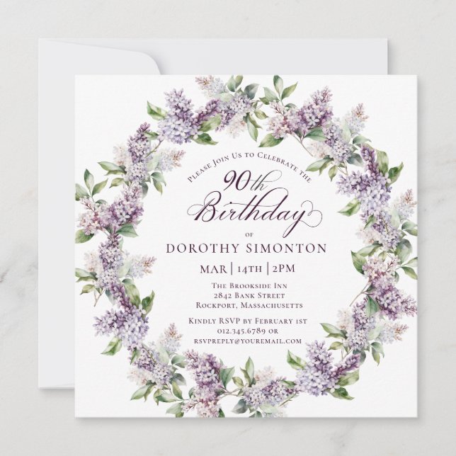 90. Geburtstag Lila Lilac Spring Blume Square Einladung (Vorderseite)