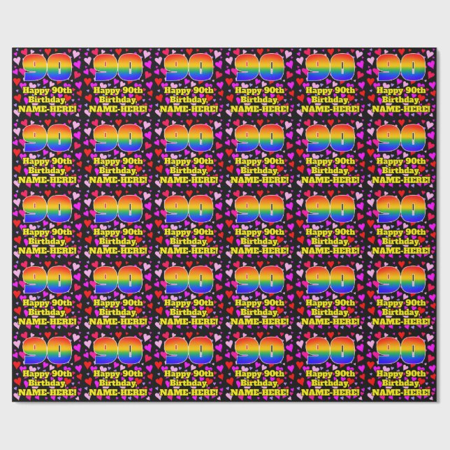 90. Geburtstag: Loving Hearts Pattern, Regenbogen  Geschenkpapier (Flach)