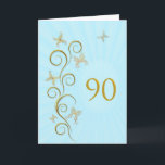90. Geburtstag mit goldenen Schmetterlingen Karte<br><div class="desc">90. Geburtstag mit goldenen Schmetterlingen.  Eine Blumenrolle mit stylized Blumen und empfindlichen Schmetterlingen. Eine atemberaubende Geburtstagskarte. Sehen Sie die ganze Strecke der Karten für Alter und Beziehungen in meinem Speicher.  Die goldenen Schmetterlinge,  die von der empfindlichen Rollearbeit gemacht werden,  flattern um diese elegante und schöne Geburtstagskarte</div>