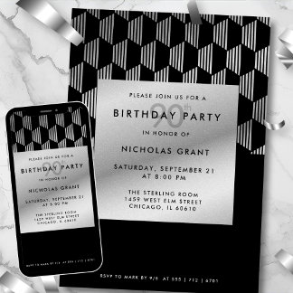 90. Geburtstag Modern Schwarz Faux Silberfolie Einladung