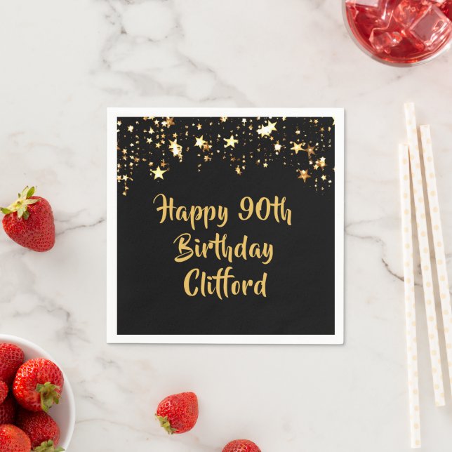 90. Geburtstag Moderne Black Gold Stars Name Serviette (Beispiel)
