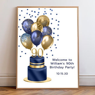 90. Geburtstag Navy Blau Ballon-Torte Willkommen Poster