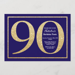 90. Geburtstag Navy Blue and Gold Glitzer Einladung