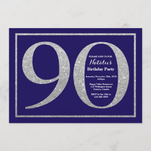 90. Geburtstag Navy Blue and Silver Glitzer Einladung