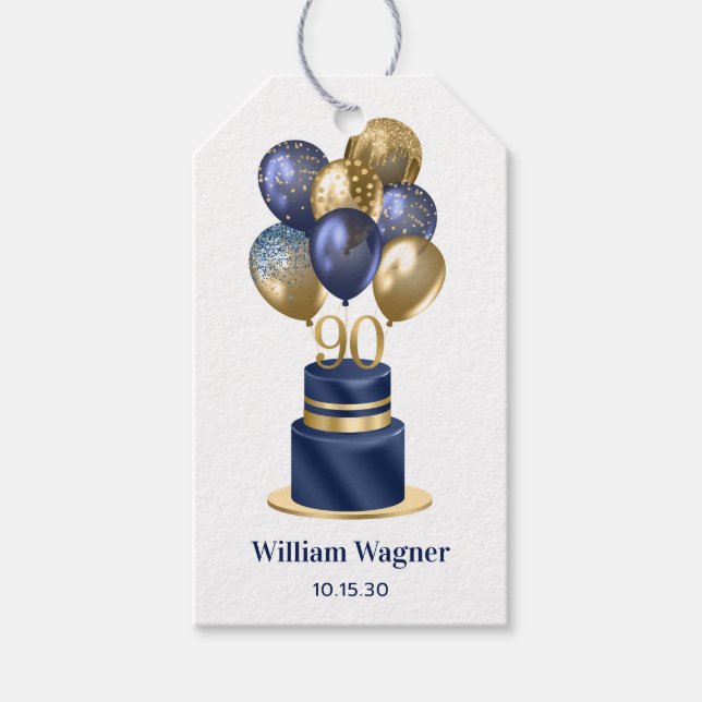 90. Geburtstag Navy Blue Cake Geschenkanhänger (Vorderseite)