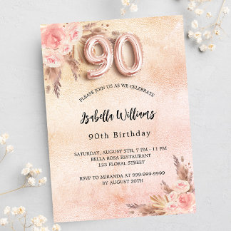 90. Geburtstag Pampas Gras Rose Gold Blumenluxus Einladung