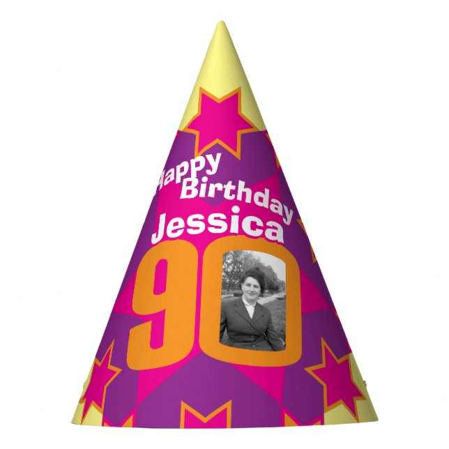 90. Geburtstag personalisierter Foto-Stern-Name Partyhütchen (Vorderseite)