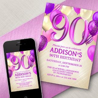 90. Geburtstag Pink Balloons Einladung